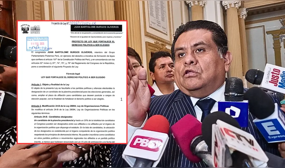 El congresista Juan Burgos presentó el Proyecto de Ley N.º 10269/2024-CR, que permitiría candidatos presidenciales pero afiliados a partidos y sin elecciones internas.| Composición LR.
