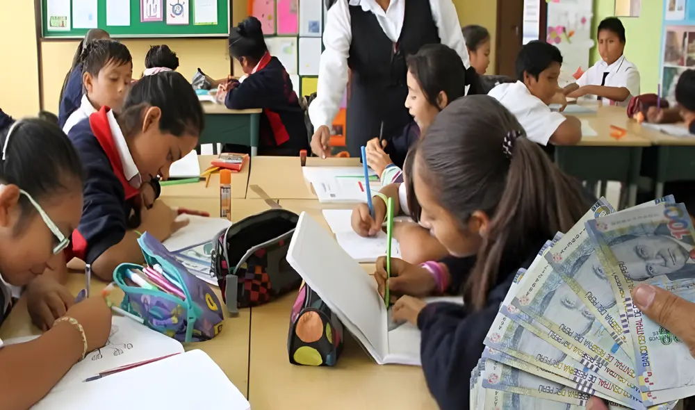Estudiantes en salón de clases y billetes de cien soles. Foto: composición LR/Andina