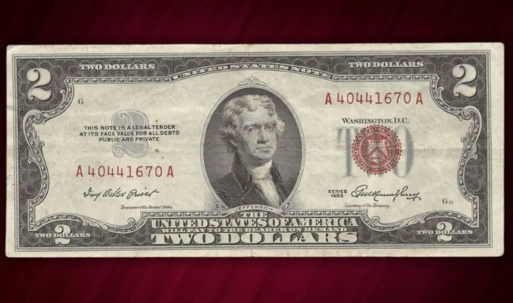 El billete de 2 dólares con sello rojo, emitido entre 1862 y 1966, es altamente codiciado en el ámbito numismático, alcanzando hasta US$4.500 en subastas. Foto: Terra Chile El billete de 2 dólares con sello rojo, emitido entre 1862 y 1966, es altamente codiciado en el ámbito numismático, alcanzando hasta US$4.500 en subastas. Foto: Terra Chile