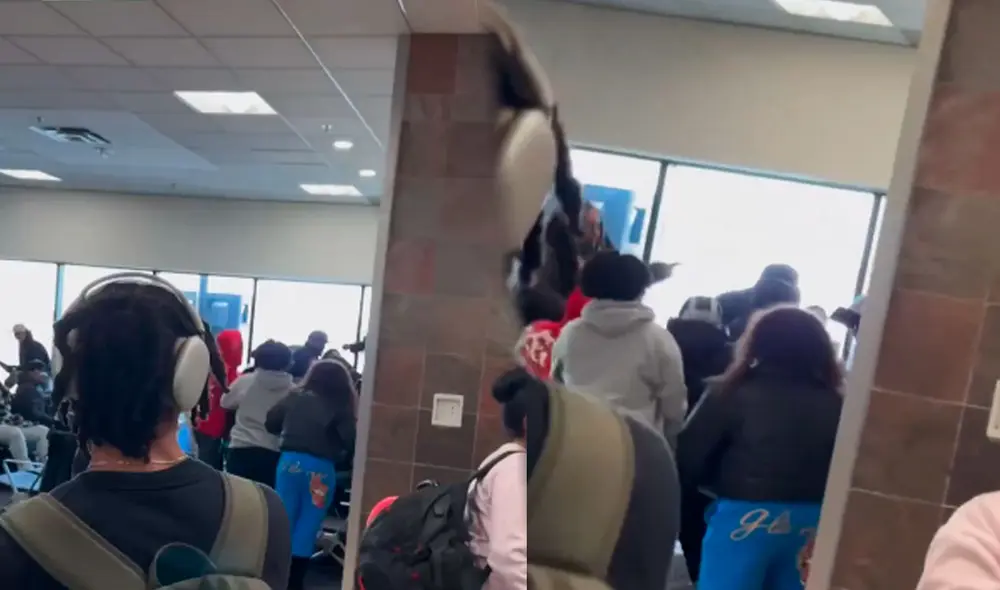 Los viajeros en el aeropuerto de Atlanta intercambiaron golpes y patadas, mientras algunas personas intentan desesperadamente alejarse del conflicto. Foto: X Los viajeros en el aeropuerto de Atlanta intercambiaron golpes y patadas, mientras algunas personas intentan desesperadamente alejarse del conflicto. Foto: X