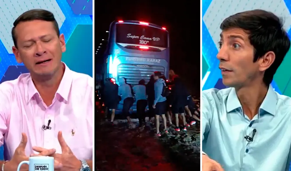 Los jugadores de Sporting Cristal tuvieron que empujar el bus que los trasladaba de regreso a Lima. Foto: composición LR/ESPN/Movistar Deportes