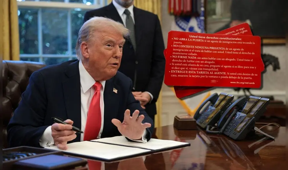 La tarjeta roja de Donald Trump indica los derechos de los inmigrantes. Foto: Composición LR/AFP/@JustinBerkobien La tarjeta roja de Donald Trump indica los derechos de los inmigrantes. Foto: Composición LR/AFP/@JustinBerkobien