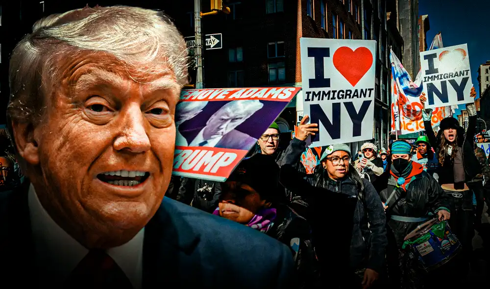 Manifestantes protestan en Nueva York contra autoridades de EE. UU. que respaldan las políticas antimigratorias de Donal Trump. Foto: Gerson Cardoso/LR/AFP. Manifestantes protestan en Nueva York contra autoridades de EE. UU. que respaldan las políticas antimigratorias de Donal Trump. Foto: Gerson Cardoso/LR/AFP.