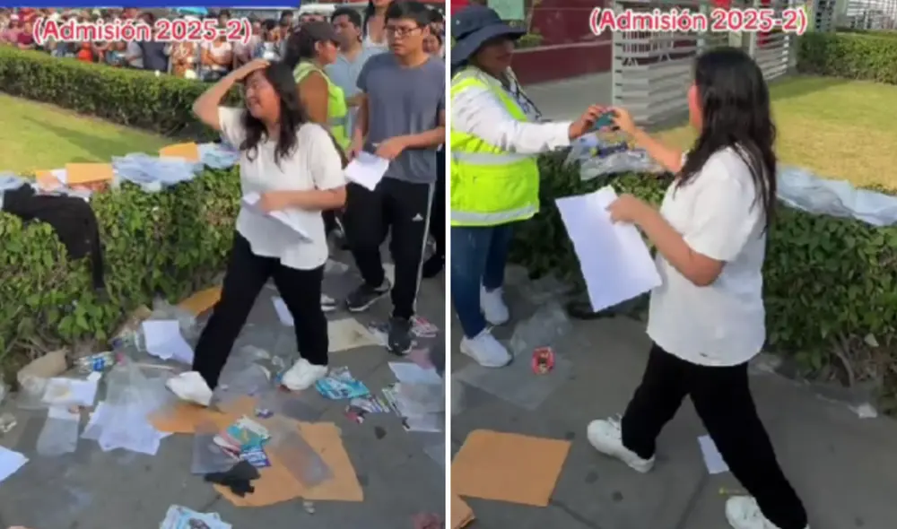 Tras varios minutos de angustia, la joven postulante de la UNMSM pudo ingresar a rendir su examen de admisión. Foto: composición LR/TikTok/@aula20_academia