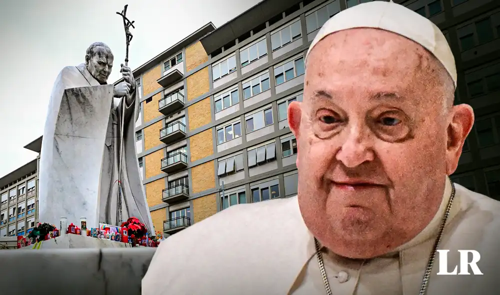 Cientos de fieles acuden a dejar flores y velas a la entrada del hospital. Foto: composición LR / AFP
