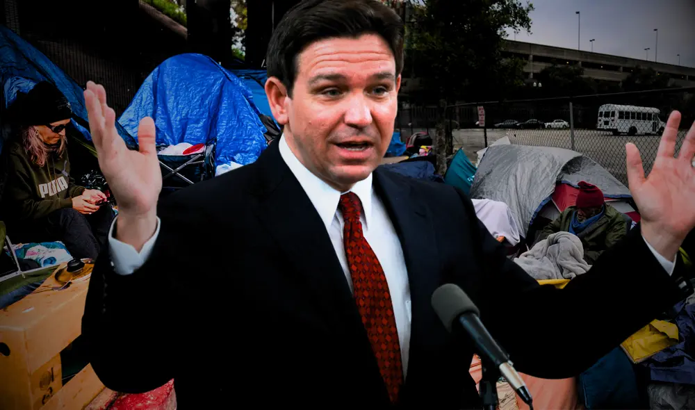 La Ley HB 1365 de Ron DeSantis prohíbe dormir en espacios públicos y exige programas de ayuda para homeless de Florida. Foto: composición LR/AFP/VOX/USA Today La Ley HB 1365 de Ron DeSantis prohíbe dormir en espacios públicos y exige programas de ayuda para homeless de Florida. Foto: composición LR/AFP/VOX/USA Today