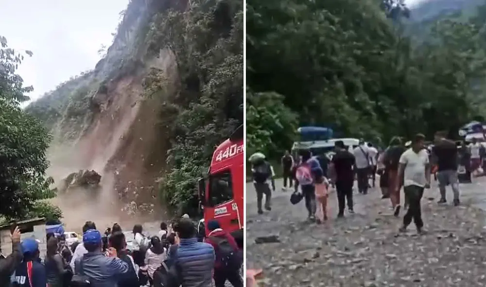 Pasajeros captaron el momento exacto cuando el cerro se continúa derrumbando sobre la vía entre Huánuco y Tingo María. Foto: composición LR