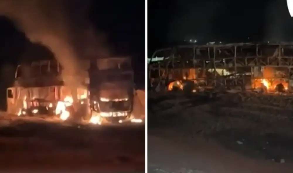 Bus de transporte de personal se incendia en descampado de Chao. Foto: Composición LR
