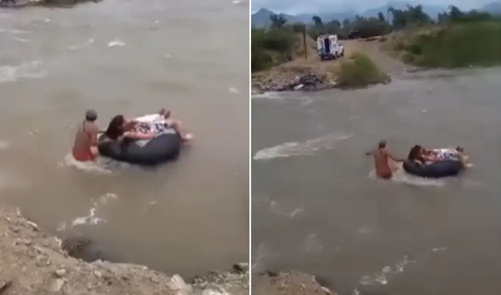 Mujer en trabajo de parto cruza río en cámara de llanta. Foto: difusión