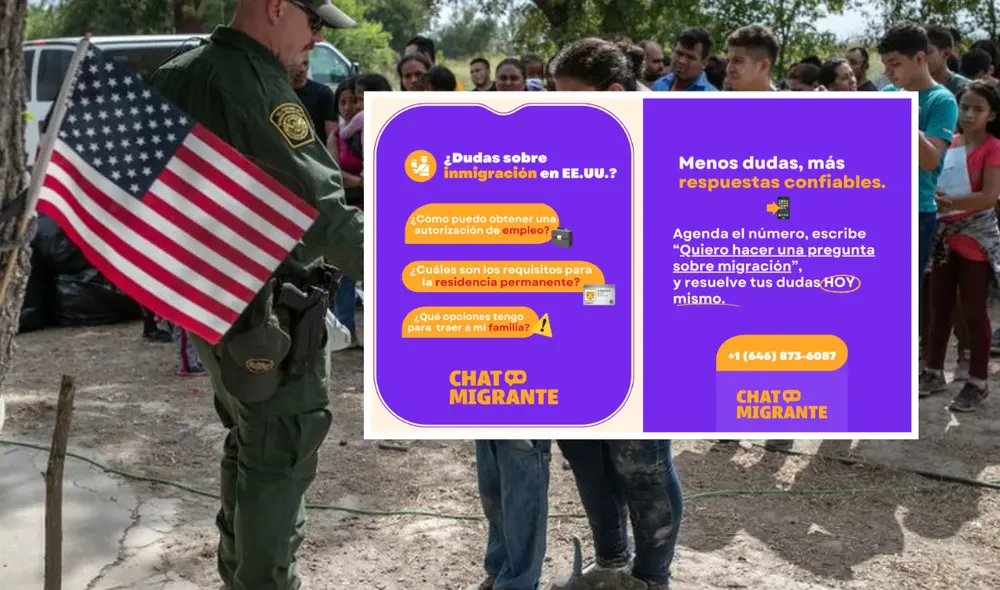 Accede a ChatMigrante agregando el número +1 (646) 873-6087 en WhatsApp. Realiza preguntas sobre el estatus migratorio, requisitos de visas y derechos en detenciones. Foto: Composición LR/BBC/Factchequeado