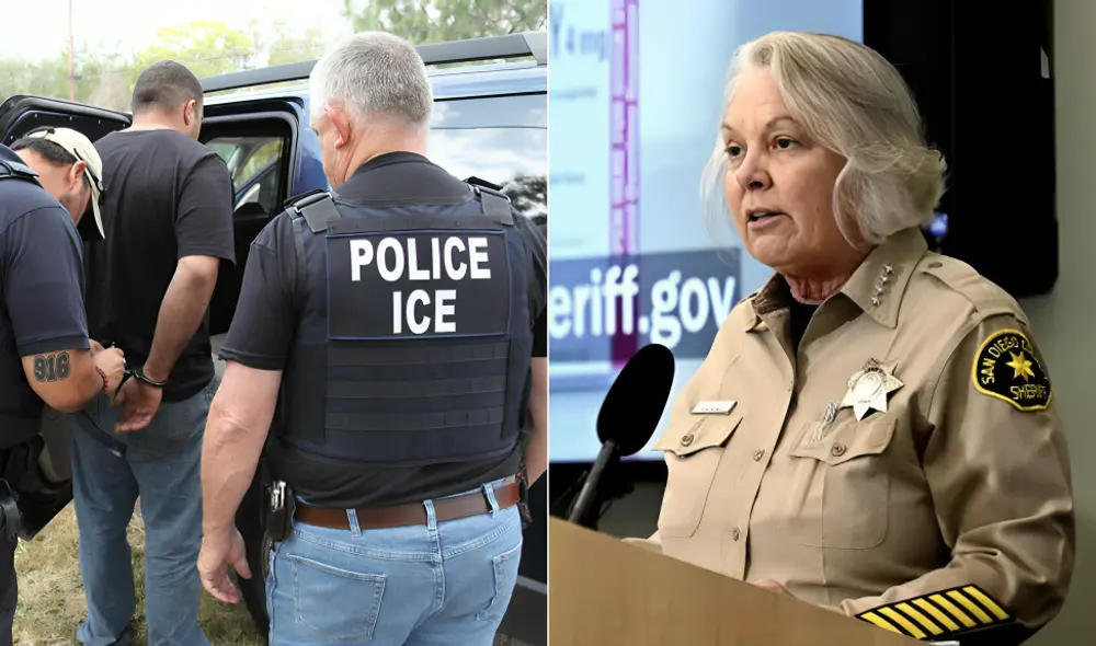 Sheriff de San Diego, Kelly Martinez, acusada de colaborar con ICE pese a leyes estatales. Foto: composición LR/ICE/San Diego Union-Tribune