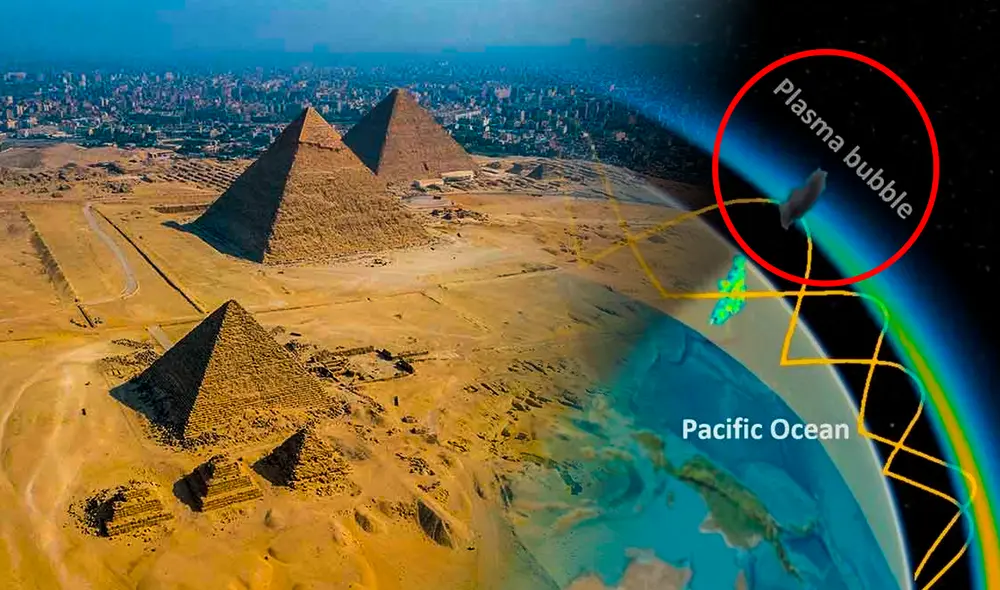 El Radar de Ionosfera de Largo Alcance en Latitudes Bajas (LARID) ha registrado por primera vez una gran burbuja de plasma. Foto: Composición LR/Egipto/LARID.