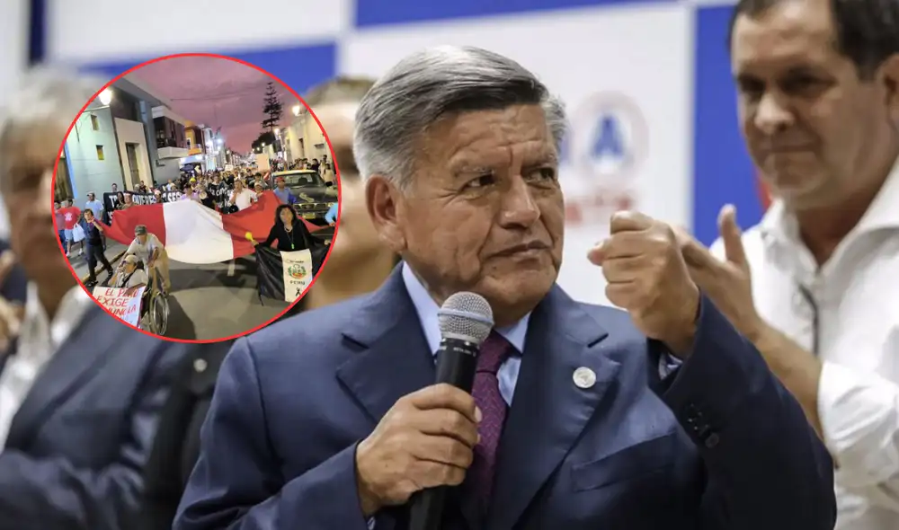 César Acuña fue captado en la inauguración de su nuevo local de partido en La Esperanza, Trujillo | Composición LR