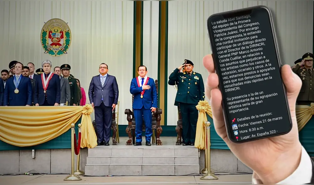 Eduardo Salhuana, presidente del Congreso, junto con Santiváñez y el jefe de la PNP, Víctor Zanabria. | Composición LR.