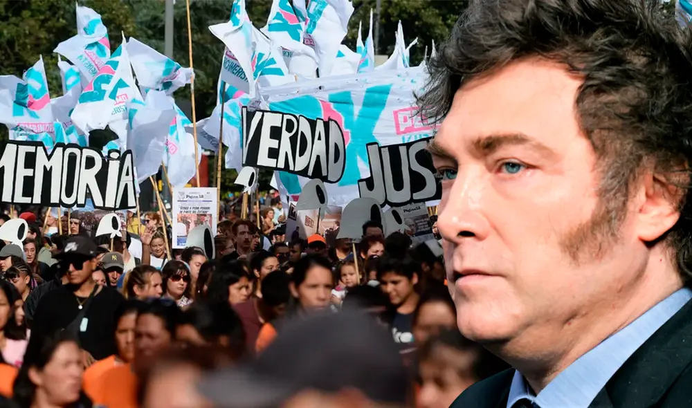 En un escenario frente a Casa Rosada, las Abuelas de Plaza de Mayo leyeron un documento con críticas al gobierno de Milei. Foto: Composición LR. En un escenario frente a Casa Rosada, las Abuelas de Plaza de Mayo leyeron un documento con críticas al gobierno de Milei. Foto: Composición LR.