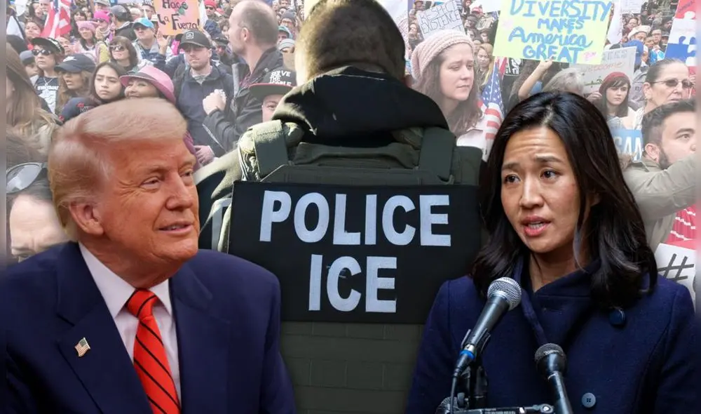 Michelle Wu, alcaldesa de Boston, no dudó en criticar abiertamente los arrestos de ICE en EEUU bajo las órdenes de Donald Trump. Foto: Composición LR/WBUR/AFP/ICE/