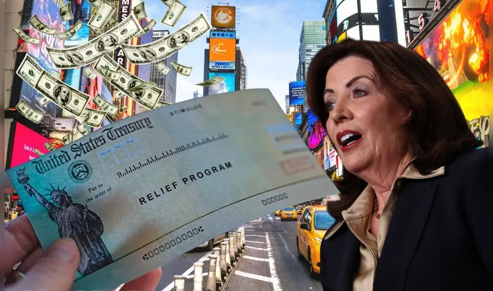 Kathy Hochul propuso que el monto destinado en el cheque de alivio dependerá del total de ingresos de los ciudadanos de Nueva York. Foto: Composición LR/Univision/AFP/Freepik