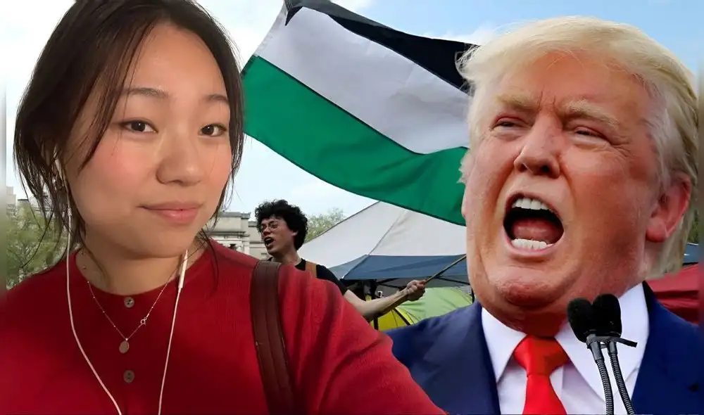 La administración de Donald Trump considera persona de riesgo a Yunseo Chung por protestas en la Universidad de Columbia. Foto: Composición LR/The New York Times/imgflip.com