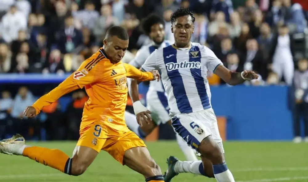 En su anterior partido por liga, Real Madrid goleó 3 a 0 en su visita a Leganés, que contó con Renato Tapia. Foto: AFP