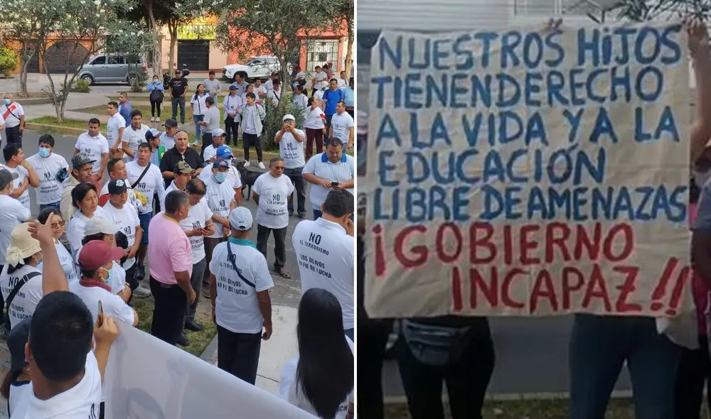 Por segundo día consecutivo, un grupo de padres realizó un plantón en el frontis del colegio Pitágoras, Los Olivos. Foto: Difusión