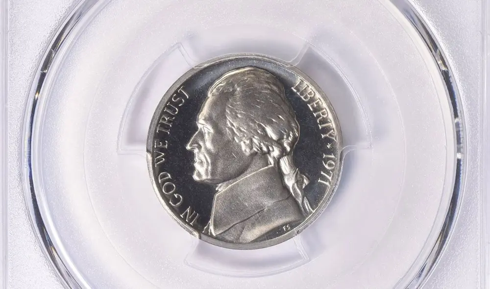 La moneda de 5 centavos de 1971, conocida como Jefferson Nickel Proof No S, es altamente valorada por coleccionistas. Foto: Foto: PCGS La moneda de 5 centavos de 1971, conocida como Jefferson Nickel Proof No S, es altamente valorada por coleccionistas. Foto: Foto: PCGS