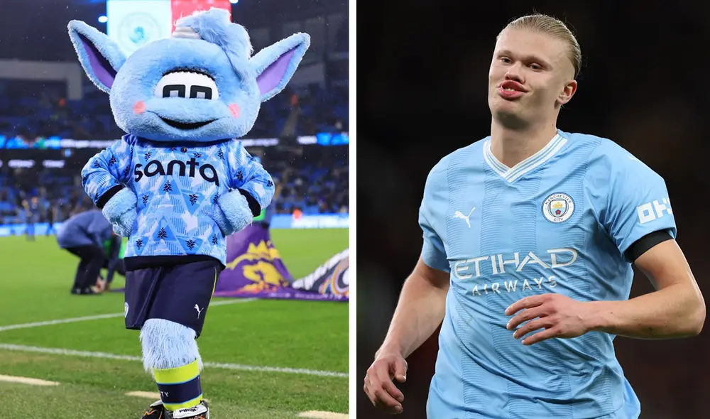 El incidente entre Erling Haaland y Moonbeam, mascota del Manchester City, se produjo en 2024. Foto: composición de LR/AFP El incidente entre Erling Haaland y Moonbeam, mascota del Manchester City, se produjo en 2024. Foto: composición de LR/AFP