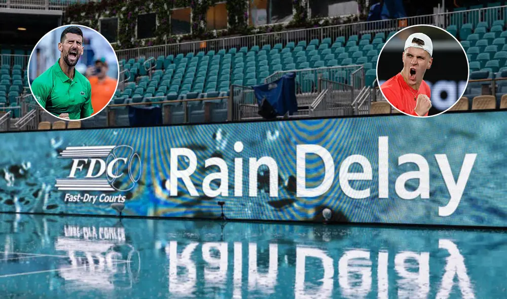 La lluvia y los relámpagos retrasaron la final del Miami Open 2025 entre Novak Djokovic y Jakub Mensik. Foto: Composición LR/Set Tenis/MSN/Sport.