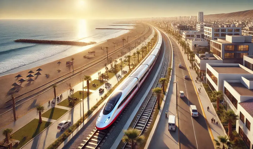 El Ferrocarril Lima-Ica, con una inversión de 6.500 millones de dólares, se convertirá en el primer tren de alta velocidad en Perú, alcanzando 200 km/h y recorriendo 323 km en solo 2,5 horas. Foto: DALL-E El Ferrocarril Lima-Ica, con una inversión de 6.500 millones de dólares, se convertirá en el primer tren de alta velocidad en Perú, alcanzando 200 km/h y recorriendo 323 km en solo 2,5 horas. Foto: DALL-E