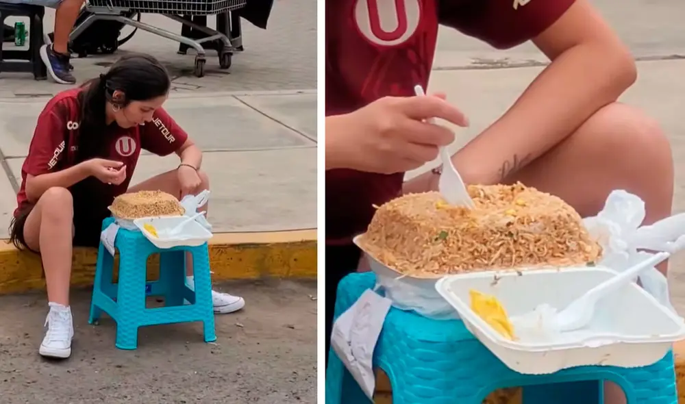 La joven sorprendió al estar sentada en el piso con la gran cantidad de comida afuera del Monumental. Foto: composición LR / TikTok / @brians1101x