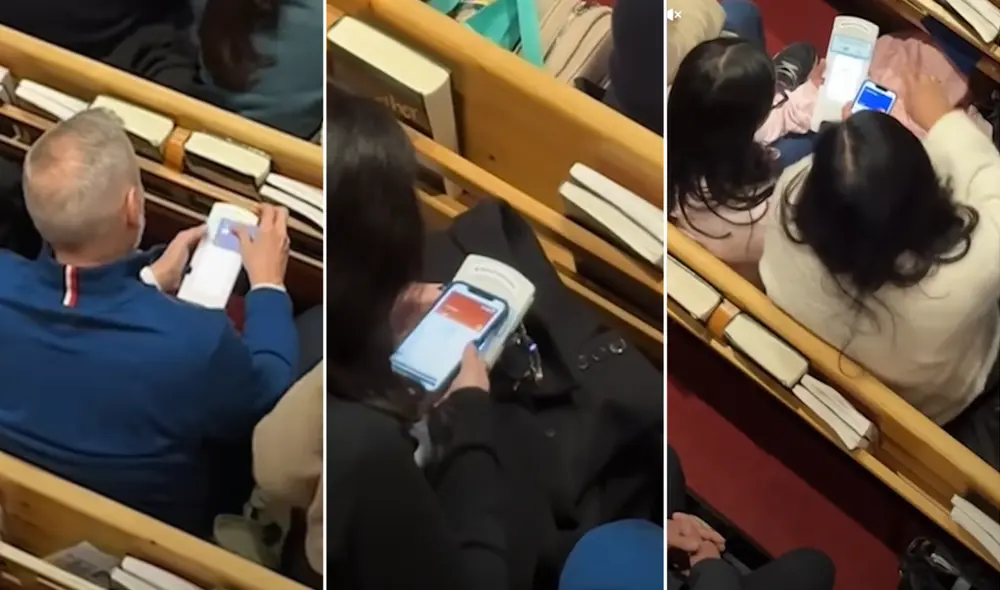 Fieles de una iglesia son captados dan donación con tarjeta en POS. Foto: composición LR/TikTok/El Español