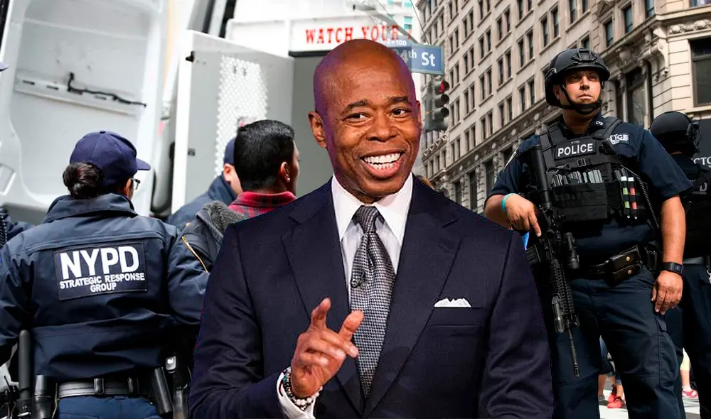 Durante su discurso en el cuartel del NYPD, Adams destacó que no se registraron asesinatos en el metro por primera vez en siete años, lo que refleja una tendencia positiva en la seguridad pública.  Foto: Composición LR/Univision/Los Angeles Times