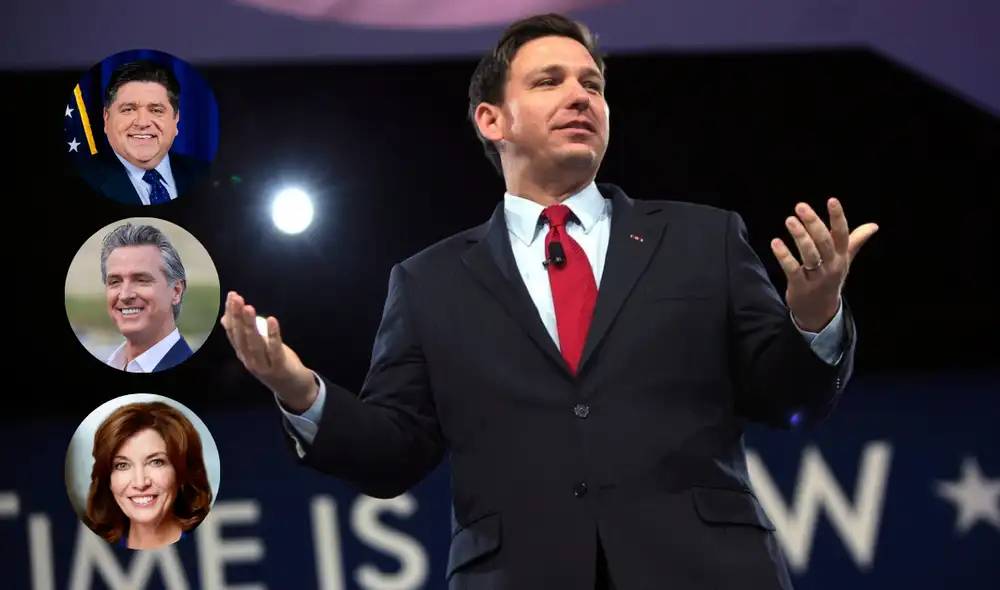 Los gobernadores mencionados por Ron DeSantis en sus críticas son Gavin Newsom (California), J.B. Pritzker (Illinois) y Kathy Hochul (Nueva York). Foto: composición LR / CNN Los gobernadores mencionados por Ron DeSantis en sus críticas son Gavin Newsom (California), J.B. Pritzker (Illinois) y Kathy Hochul (Nueva York). Foto: composición LR / CNN