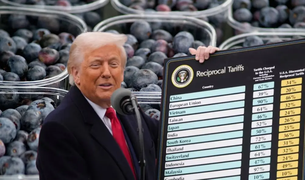Donald Trump presentando los aranceles el Día de la Liberación y arándanos peruanos. Foto: composición LR