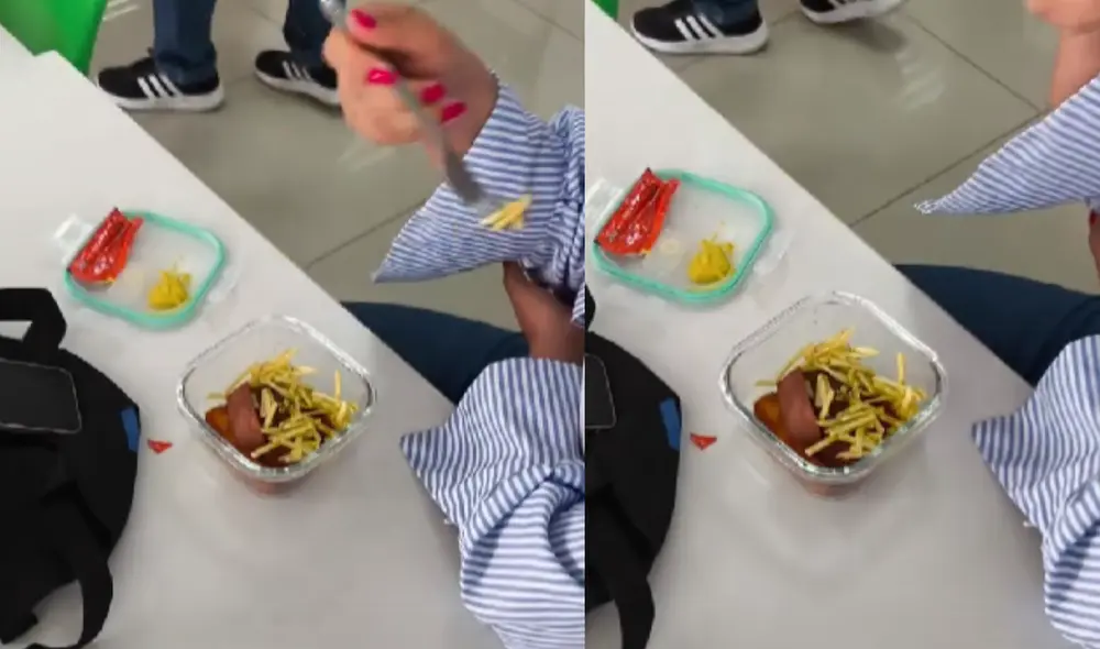 La joven fue sorprendida almorzando una salchipapa con papas al hilo. Foto: Composición LR/ TikTok La joven fue sorprendida almorzando una salchipapa con papas al hilo. Foto: Composición LR/ TikTok