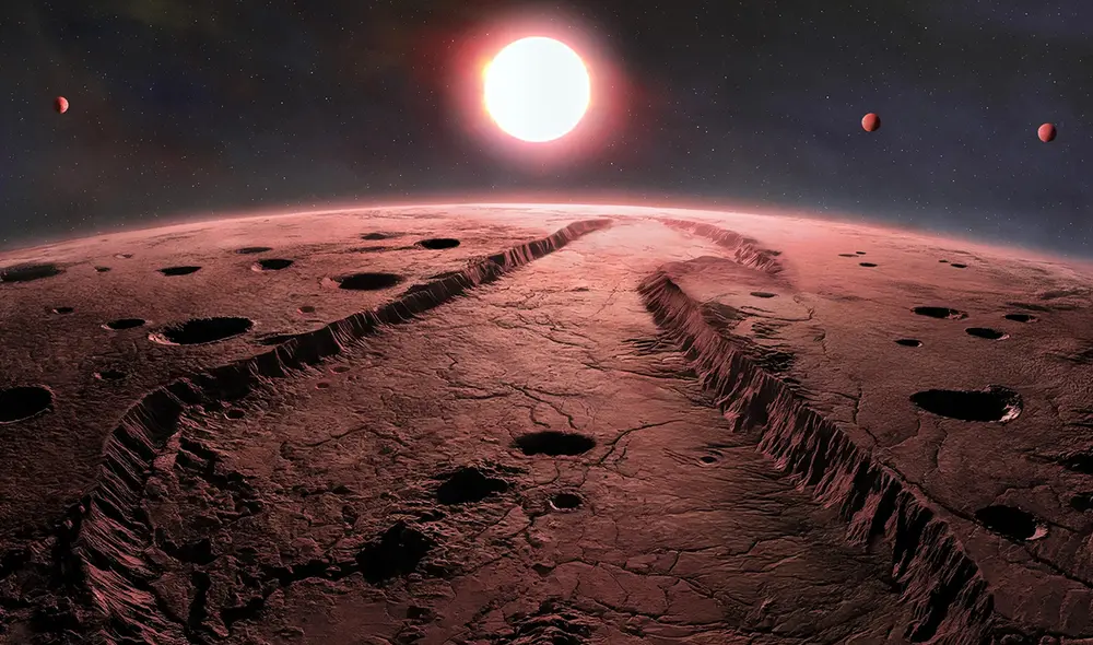 Concepción artística representa los planetas que orbitan la Estrella de Barnard, vistos desde cerca de la superficie de uno de ellos. Foto: Observatorio Internacional Gemini/NOIRLab/NSF/AURA/P. Marenfeld