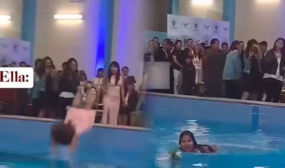 La joven no lo pensó dos veces para lanzarse a la piscina y obtener el ramo de la novia. Foto: composición LR/ TikTok / @danielamestas