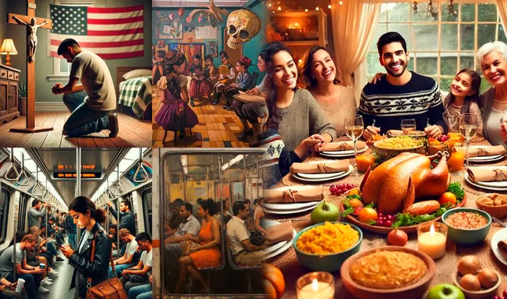 La inteligencia artificial está generando imágenes de latinos en situaciones cotidianas, pero expertos critican los estereotipos sobre género, belleza y cultura que perpetúan estos retratos. Foto: Composición LR/Hecho en California/Factchequeado.com