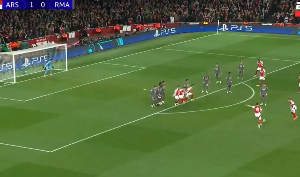 Declan Rice convirtió su doblete con la camiseta del Arsenal de tiro libre. Foto: captura/ESPN