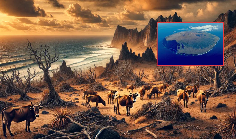 En esta isla desértica, ubicado en el medio del océano Índico, fueron abandonadas un rebaño de vacas. Foto: composición LR/chatgpt/Vista al mar En esta isla desértica, ubicado en el medio del océano Índico, fueron abandonadas un rebaño de vacas. Foto: composición LR/chatgpt/Vista al mar