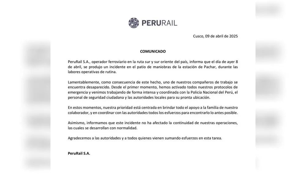 PeruRail emitió comunicado tras accidente. PeruRail emitió comunicado tras accidente.