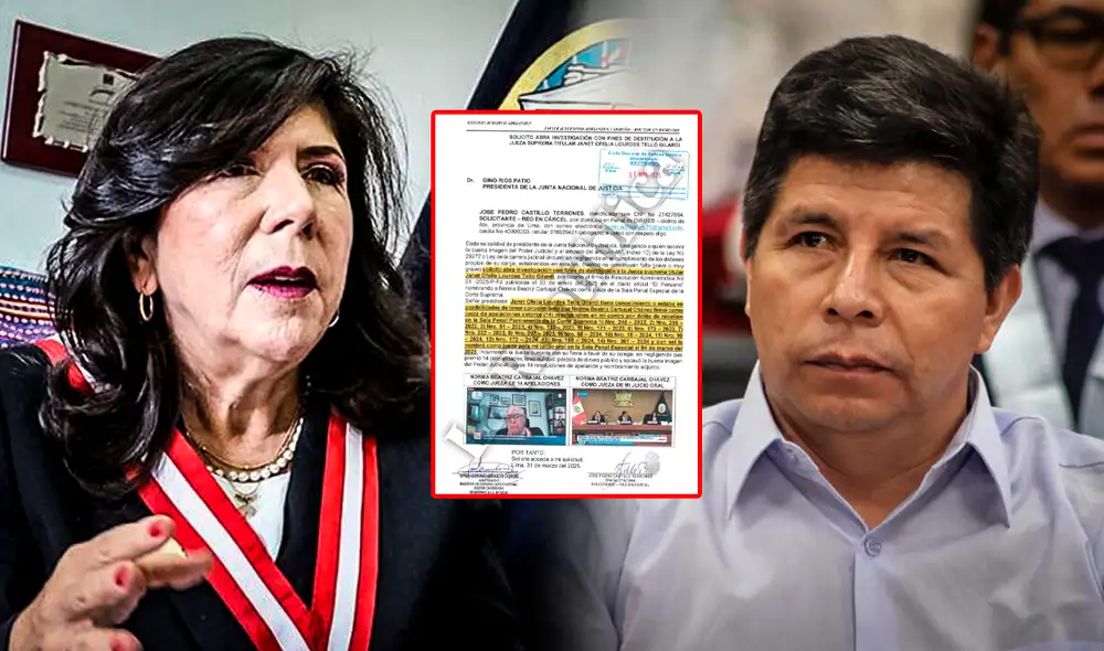 Pedro Castillo presentó la denuncia contra la presidenta del PJ ante Gino Rios, presidente del JNJ | Composición: LR.