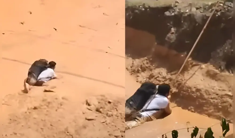 Hombre queda atrapado en lodo por huaico en Huánuco, pero logra sobrevivir tras sujetarse de soga. Foto: Composición LR/Captura de pantalla de Youtube