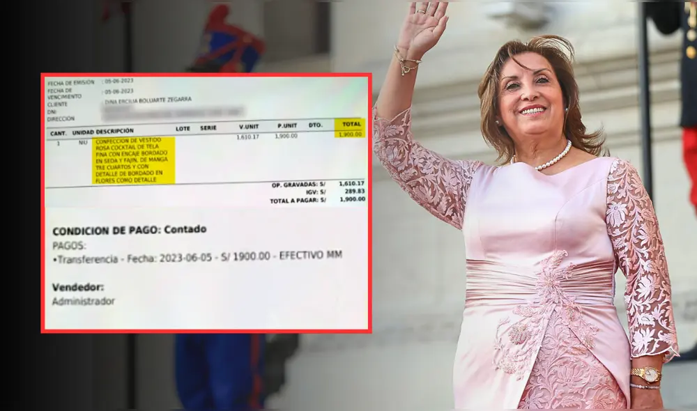 Vestido rosa de cóctel confeccionado para Dina Boluarte costó S/1.900, según recibo hallado en su celular. | Composición LR.