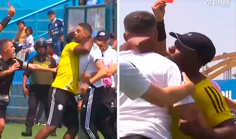 Luciano Precone por poco se va a golpes contra el árbitro Diego Haro en el partido contra Sporting Cristal y tuvo que ser detenido por su propio cuerpo técnico. Foto: composición LR/ TikTok / L1_max