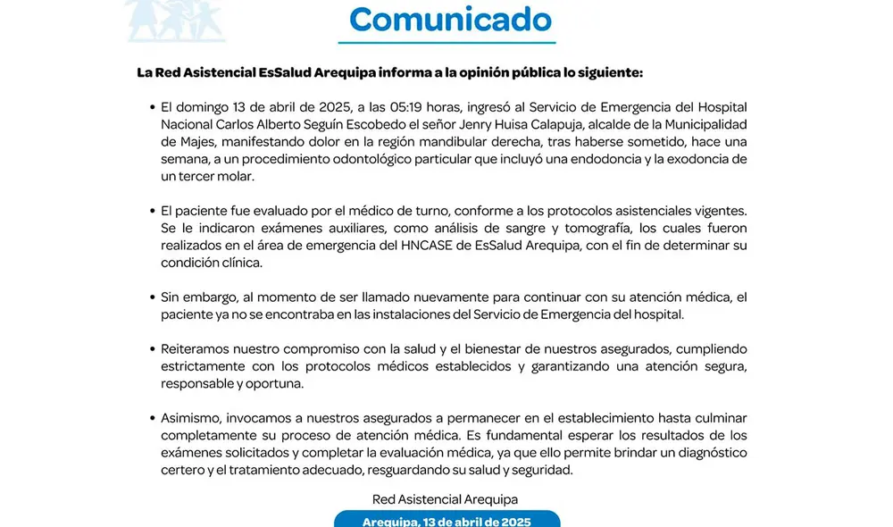 EsSalud deslindó responsabilidades de estado de salud de alcalde.
