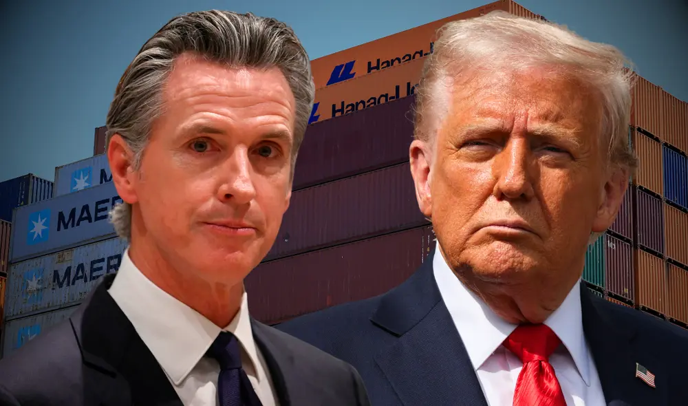 Gavin Newsom y Rob Bonta anunciaron nueva demanda, destacando que los aranceles de Trump afectan a la economía en California. Foto: composición LR/AFP