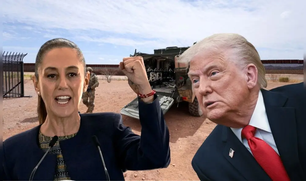 Claudia Sheinbaum acusa a Estados Unidos de crear tensiones militares en el muro fronterizo por la base militar contra inmigrantes. Foto: Composición LR/AFP