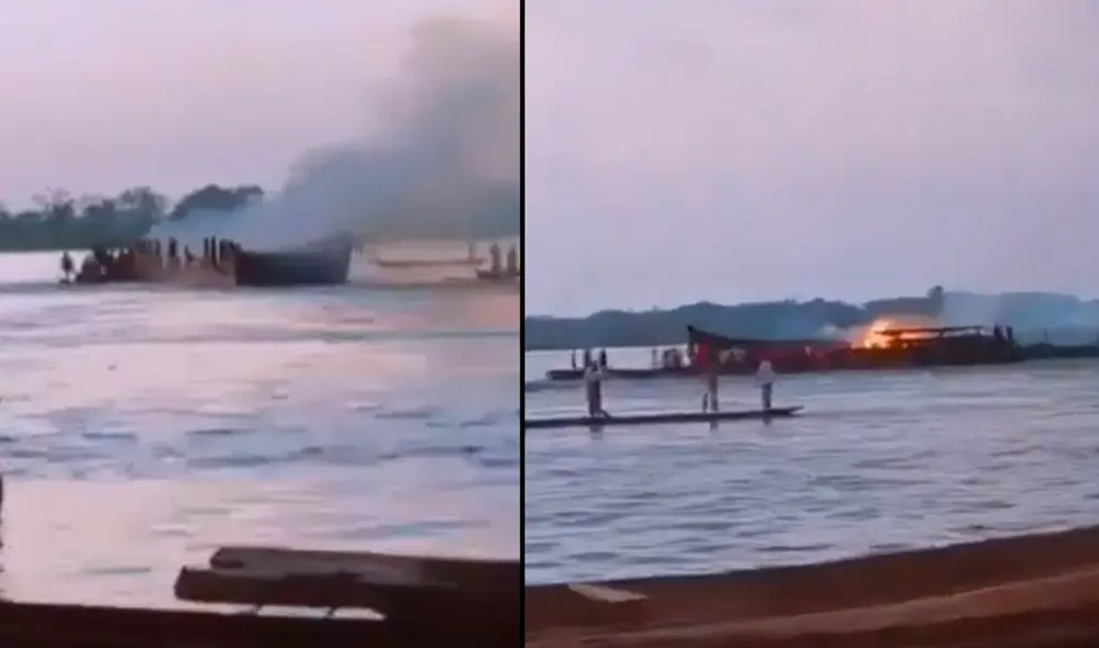 El barco en el río Congo transportaba un cargamento de carburantes y se incendió tras prenderse unas brasas. Foto: Captura