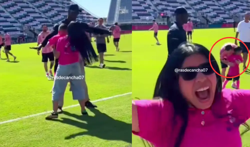 La madre no pudo contener la emoción y saltó de felicidad al presenciar el abrazo entre su hijo y Messi. Composición LR/ TikTok