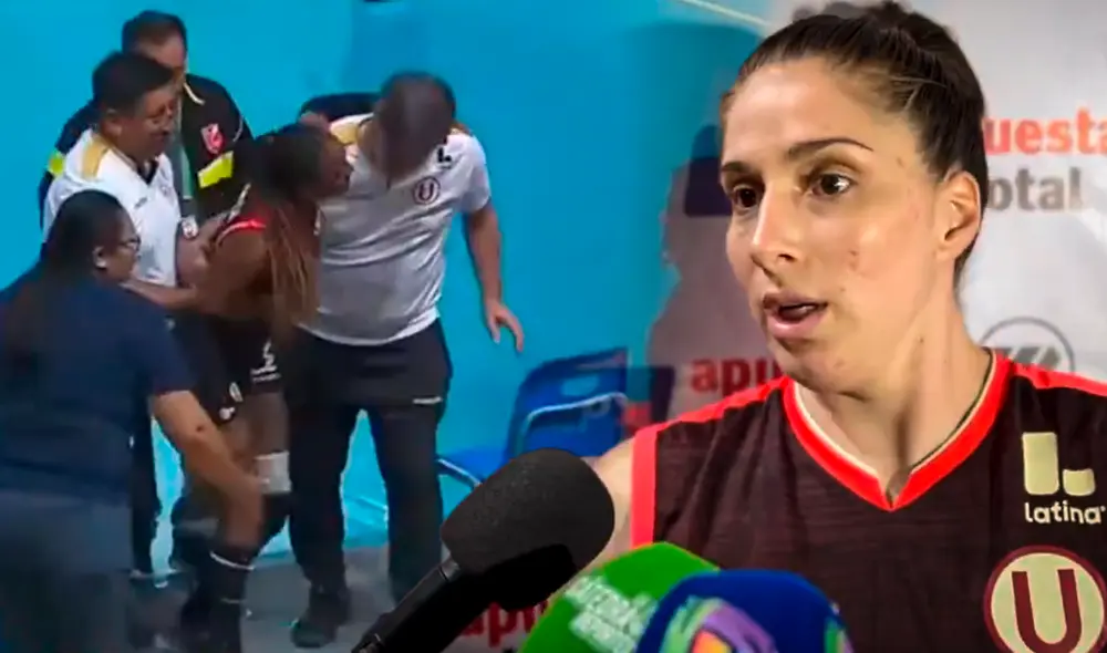 Elis Bento se lesionó durante el triunfo 3-2 de Universitario ante Rebaza Acosta por la Liga Peruana de Vóley. Foto: composición LR/Latina/Twitter Elis Bento se lesionó durante el triunfo 3-2 de Universitario ante Rebaza Acosta por la Liga Peruana de Vóley. Foto: composición LR/Latina/Twitter